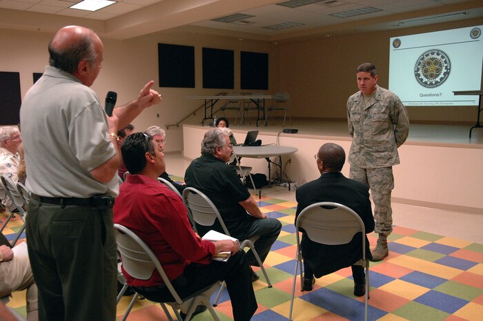 Col. Mark Hobson, Headquarters Air Force Materiel Command Directorate of Contracting Resource Management Division chief, takes a question from a  local business owner about the upcoming Installation Acquisition Transformation and how it will affect the way he and others do business with Nellis Air Force Base during a town hall meeting at the Dr. William C. Pearson Community Center in Las Vegas, Nev., July 14, 2008.  Col. Hobson explained how the transformation would occur and then took questions from the audience regarding their concerns over the changes.  (U.S. Air Force photo / Senior Airman Kasabyan D. Musal)
