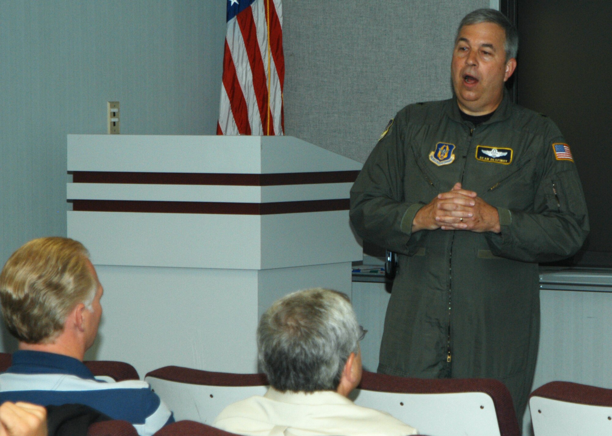 GRISSOM AIR RESERVE BASE, Ind., -- Brig. Gen. Dean Despinoy, 434th Air Refueling Wing commander, briefs civic leaders from the Warsaw, Ind., area on Grissom's mission. The civic leaders also took part in a KC-135R Stratotanker aerial refueling mission as the tanker refueled a C-17 from Charleston AFB, S.C. (U.S. Air Force photo/ Lt. Col. Gary Lockard)