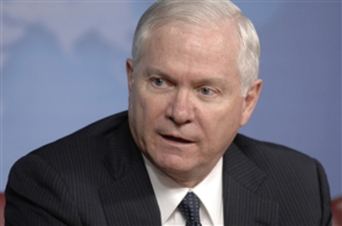 Secretary of Defense Robert M. Gates responds to a reporter's question during a joint media availability with Chairman of the Joint Chiefs of Staff Adm. Mike Mullen, U.S. Navy, in the Pentagon on July 16, 2008.  