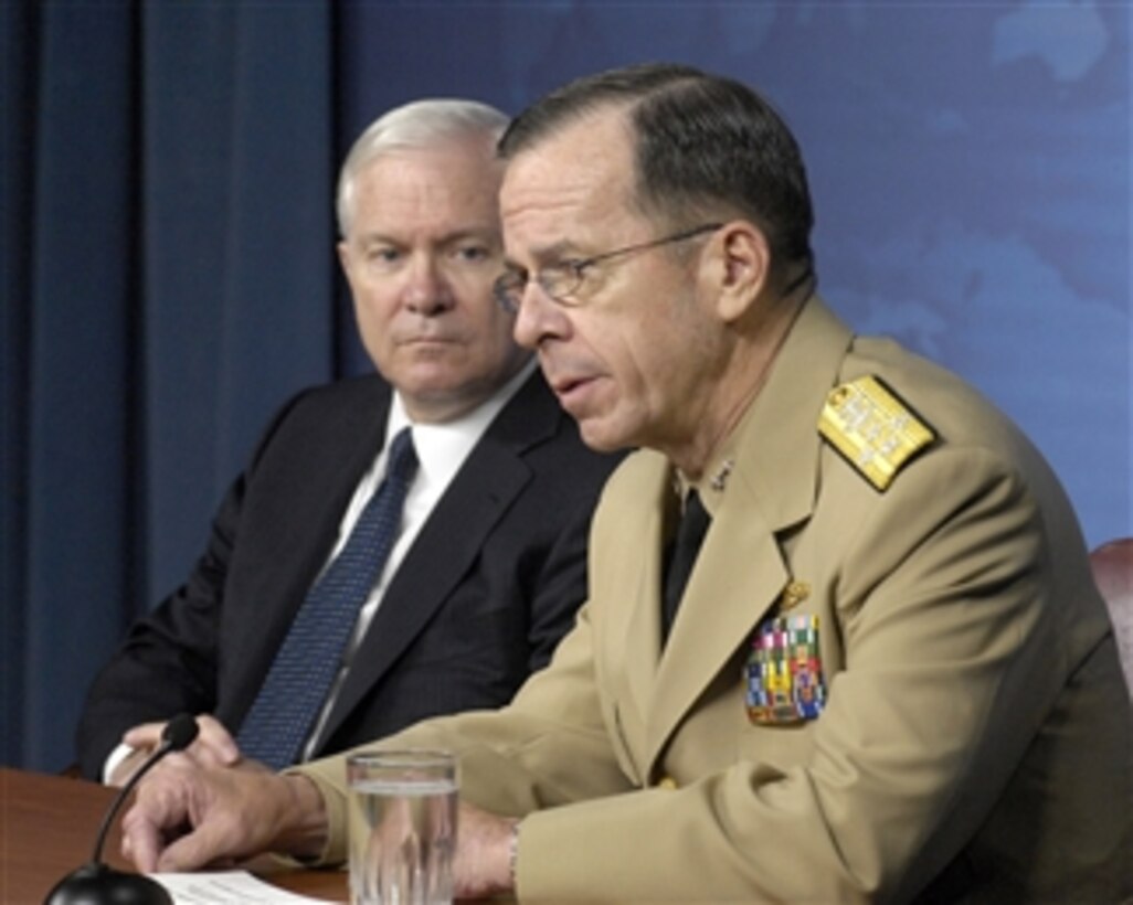 Secretary of Defense Robert M. Gates (left) and Chairman of the Joint Chiefs of Staff Adm. Mike Mullen, U.S. Navy, conduct a media availability in the Pentagon to update reporters and to take questions on a variety of current issues on July 16, 2008.  