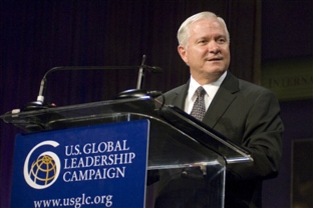 Defense Secretary Robert M. Gates addresses the audience during the U.S. Global Leadership Campaign Tribute dinner in his honor in Washington, D.C., July 15, 2008.  The USGLC,  a nationwide coalition of businesses, non-governmental organizations and community leaders,  advocates for a strong U.S. international affairs budget.  