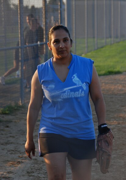 Senior Master Sgt. Terri Ray has determination in her step and intensity in her eyes as she steps on the playing field during a recent 932nd Airlift Wing softball game.  Photo/Maj. Stan Paregien