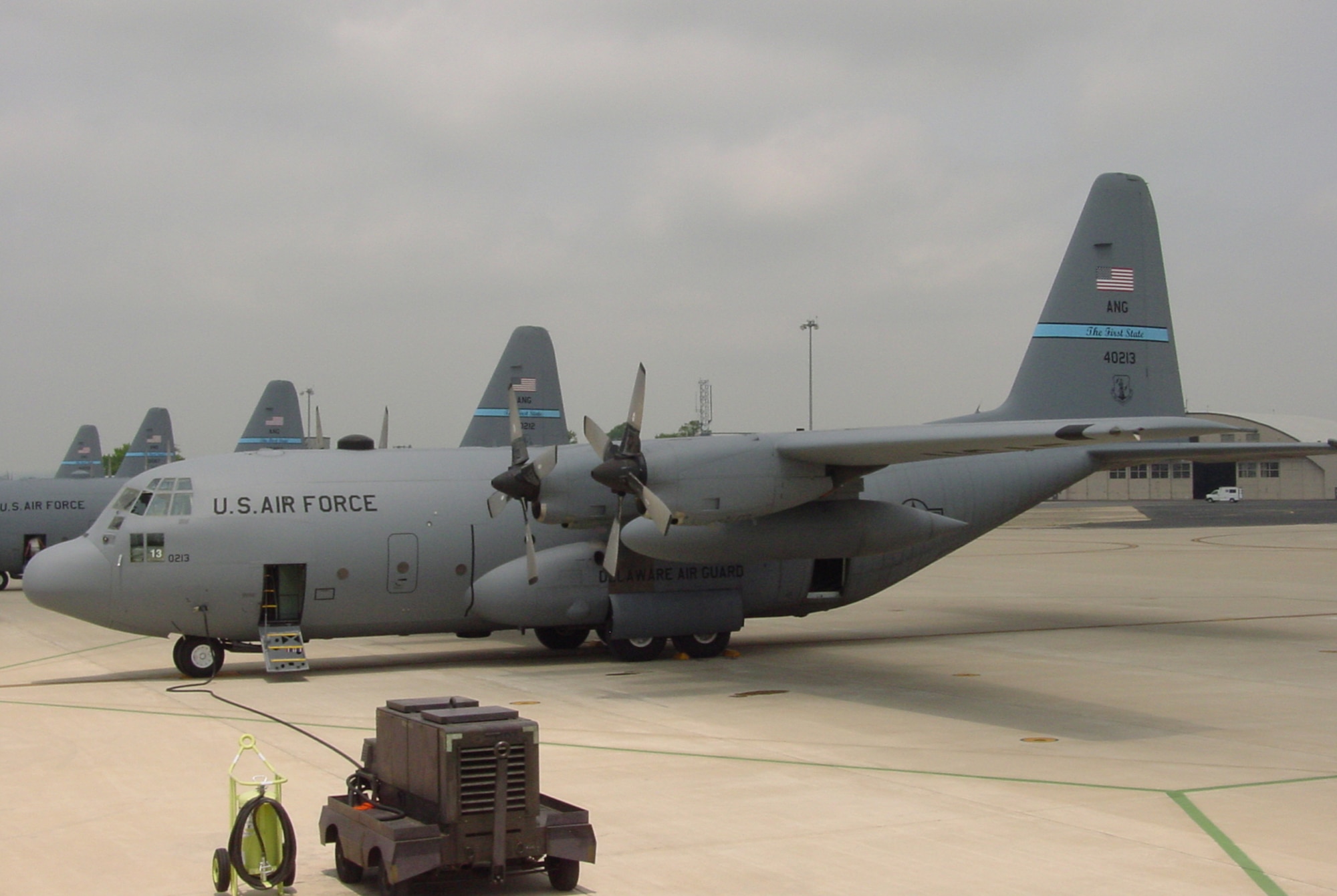 Aircraft # 213, Delaware Air National Guard, parked on the ramp at New Castle air base, Del., after passing the 10,000 flying hour milestone on June 5, 2008, becoming the first C-130 aircraft in the unit to pass this mark since the fleet arrived in the mid-1980s.