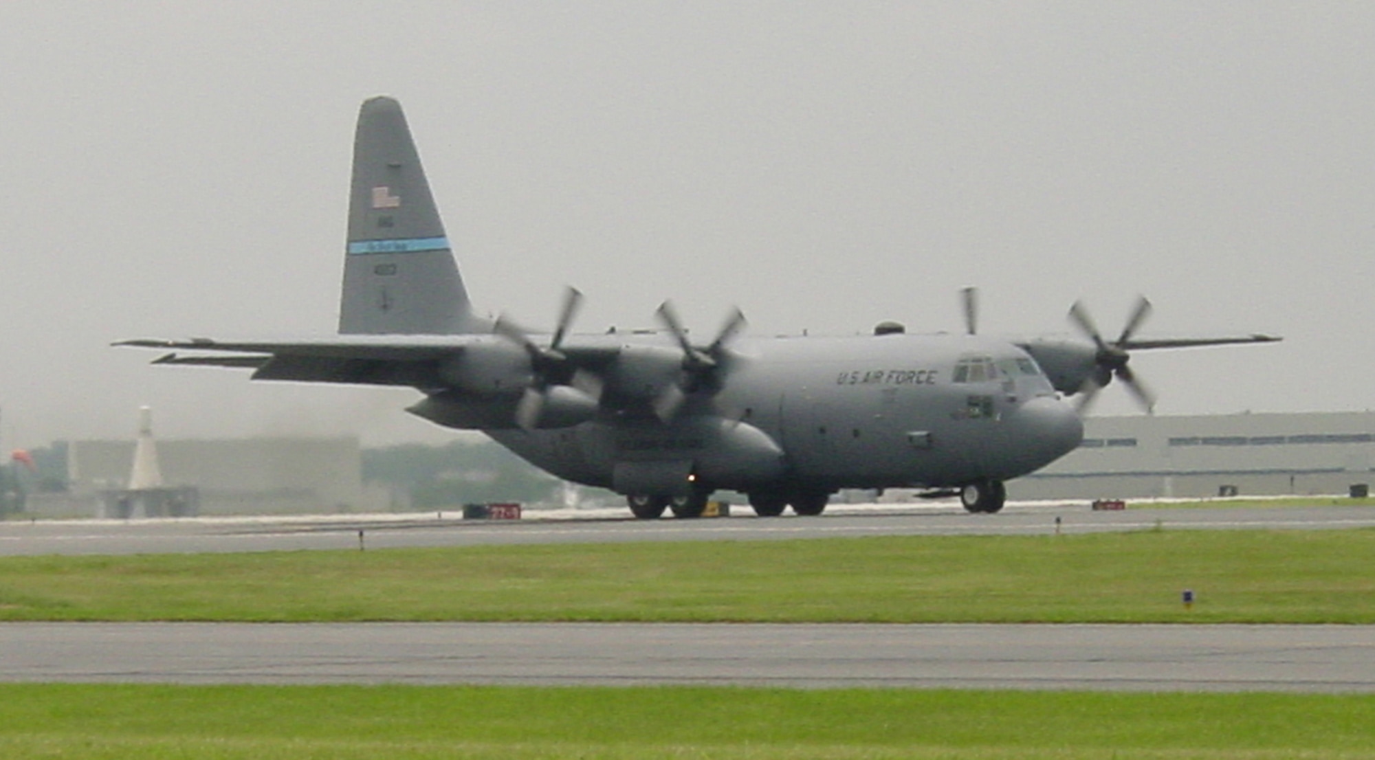C-130 aircraft # 213, Delaware Air National Guard, moments after landing on June 5, 2008. Unit aircrew flew the aircraft past the 10,000 flying hour milestone, the first C-130H aircraft in the unit's inventory to reach this mark. The fleet of C-130H aircraft arrived factory-fresh in the mid-1980s to the New Castle air base.