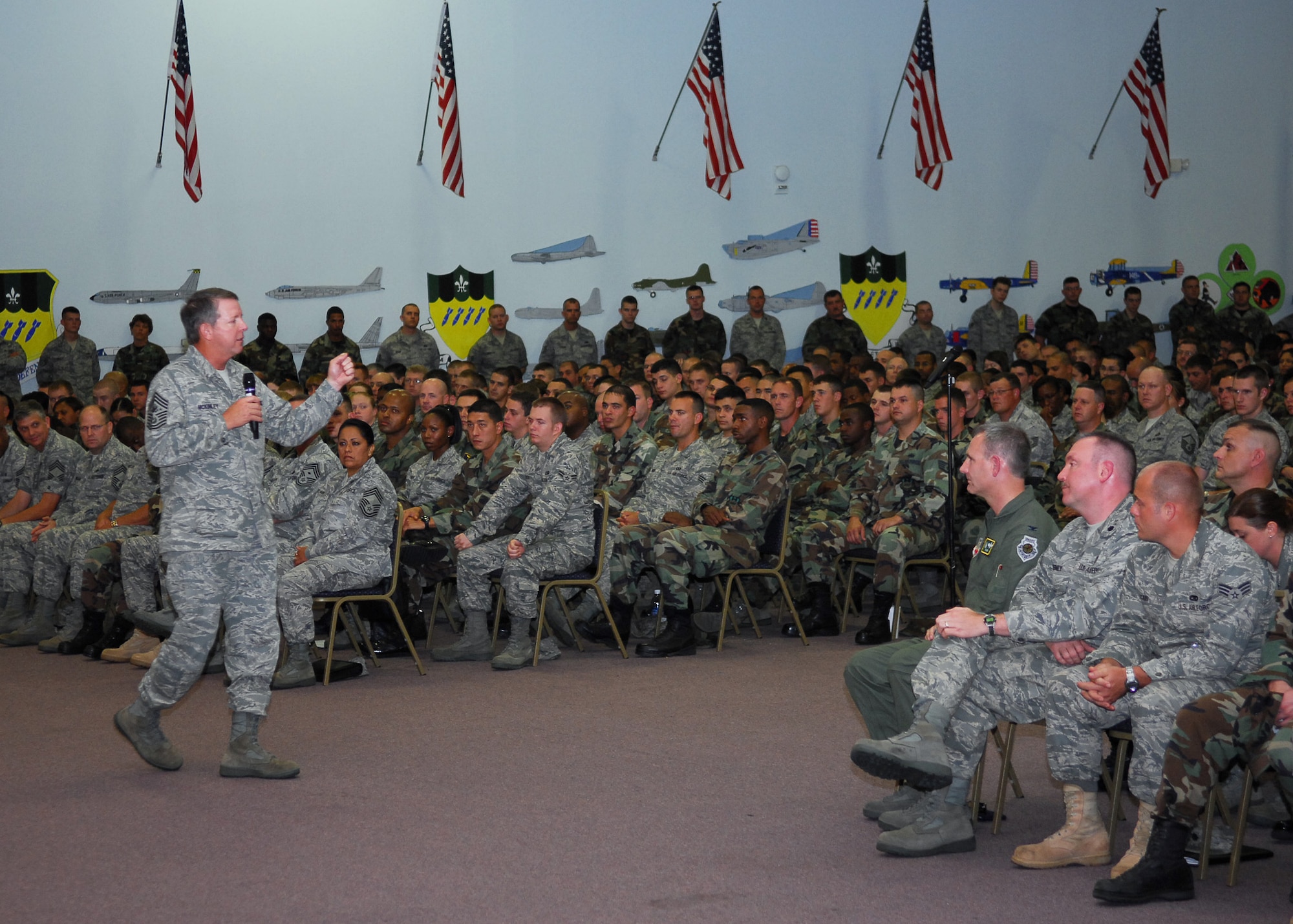 BARKSDALE AFB, LA – Chief Master Sgt. of the Air Force Rodney J. McKinley, speaks at the Airman's call inside of Hoban Hall on July 15, 2008. CMSAF McKinley was here for a two day visit to tour the base and meet Barksdale’s Airmen. (USAF photo by Staff Sgt. Trina R. Jeanjacques)(Released)