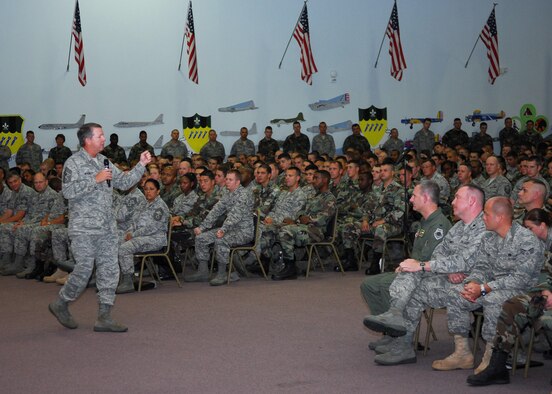 BARKSDALE AFB, LA – Chief Master Sgt. of the Air Force Rodney J. McKinley, speaks at the Airman's call inside of Hoban Hall on July 15, 2008. CMSAF McKinley was here for a two day visit to tour the base and meet Barksdale’s Airmen. (USAF photo by Staff Sgt. Trina R. Jeanjacques)(Released)