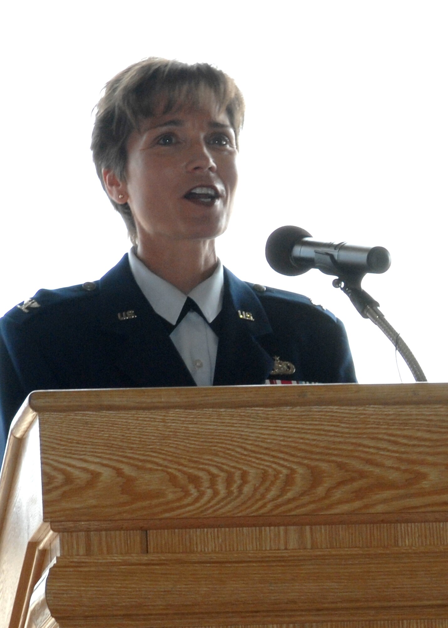 WHITEMAN AIR FORCE BASE, Mo.,- Col Patricia I. McGinnis speaks to members of 509th Mission Support Group. Colonel McGinnis assumed command of the 509th MSG from Col. Edward Keegan during a change of command ceremony July 11. (U.S. Air Force photo/Staff Sgt. Charles Larkin Jr.)