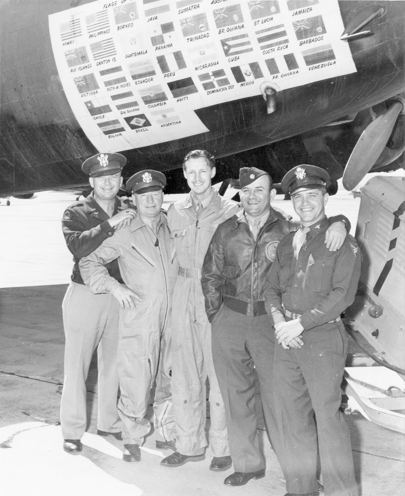 One of crews from "The Swoose" (pictured after the war). From left to right
are Charles Reeves, Harold Varner, Col. Frank Kurtz, Harry Schreiber and
Roland Boone. (U.S. Air Force photo)