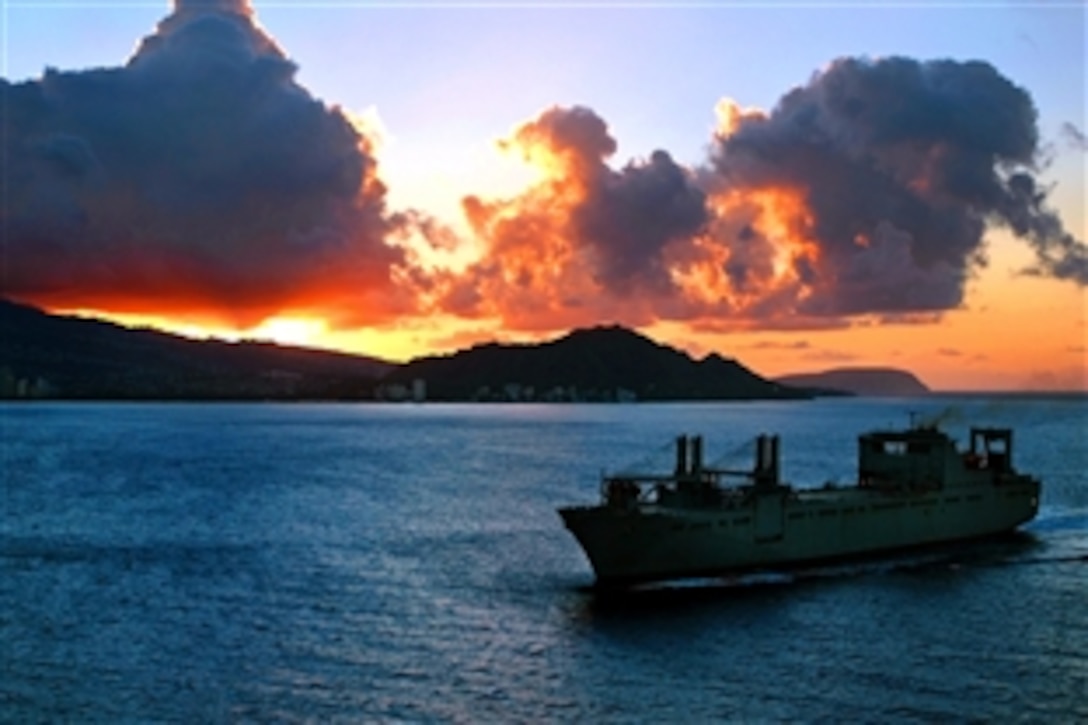 The crew of the USNS Pililaau, a roll-on/roll-off ship, sees an offshore view of Diamond Head Crater in Honolulu, Hawaii, July 12, 2008. Pililau is transporting U.S. Army equipment from the the 25th Infantry Division's 3rd Brigade and 45th Sustainment Brigade, 8th Theater Sustainment Command, from Hawaii to Camp Pendleton, Calif. 