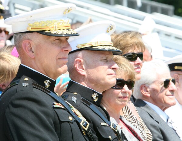 Gen. Robert Magnus, former Assistant Commandant of the Marine Corps, closes his eyes as he enjoys a final concert by the U.S. Marine Drum and Bugle Corps at his retirement ceremony at Marine Barracks Washington, July 17.