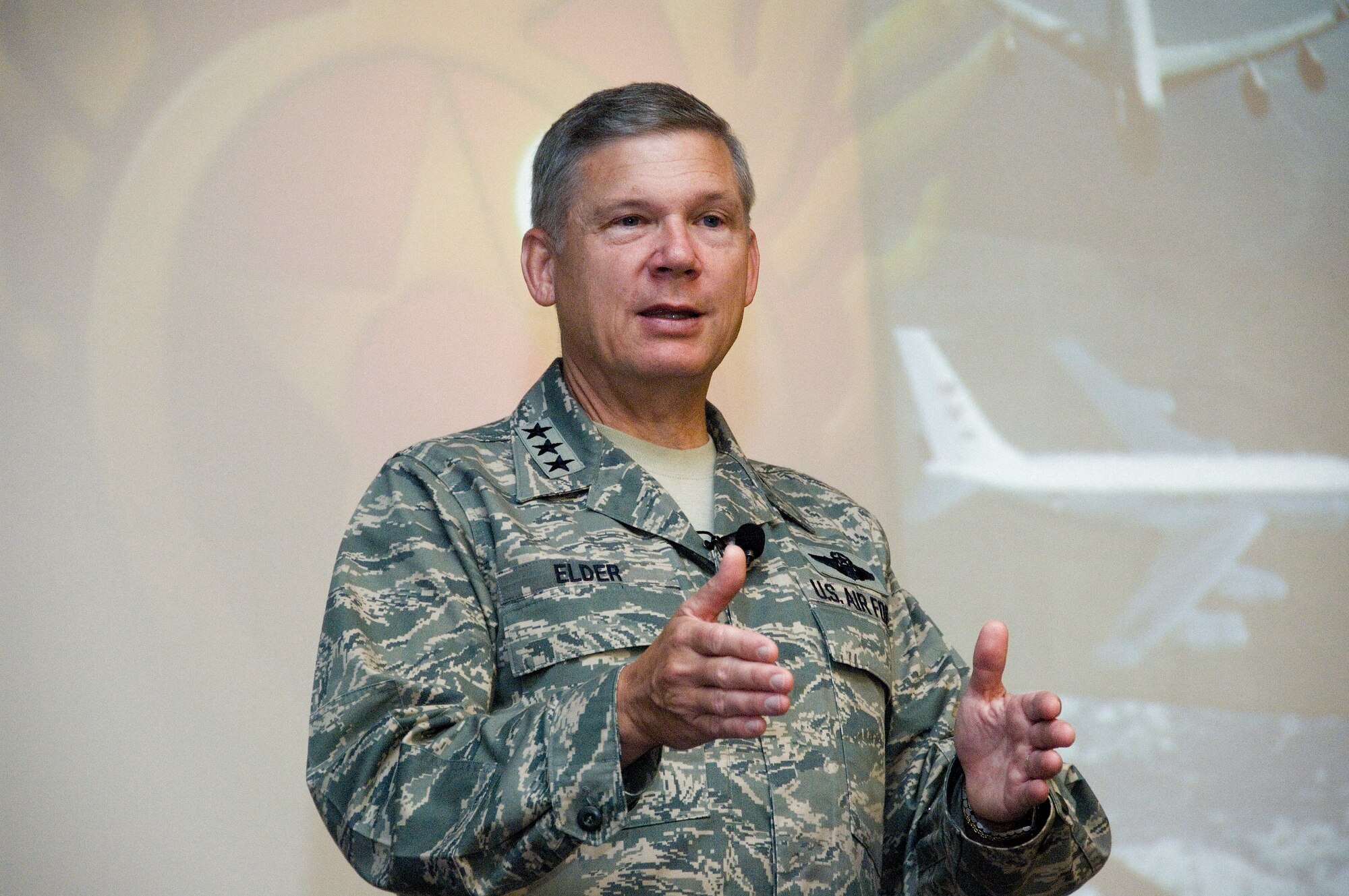Lt. Gen. Robert Elder, commander of 8th Air Force and joint functional component commander for global strike and integration at U.S. Strategic Command, speaks to attendees July 15 at the Cyberspace Symposium at Maxwell Air Force Base, Ala.  The symposium brought some 250 professional civilian and military experts who gathered to discuss the implications of cyberspace as it relates to the Air Force and national defense.  (U.S. Air Force photo/Melanie Rodgers)