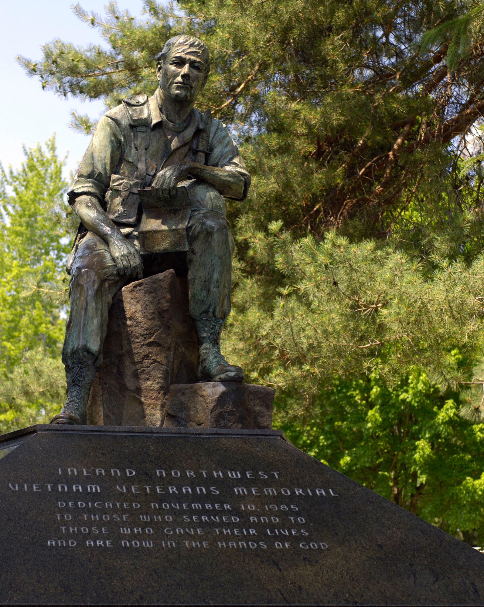 SPOKANE, Wash. – Spokane residents display pride in the military with a statue in Riverfront Park dedicated to the men and women who served  in the Vietnam War. The inscription below the statue reads, “Inland Northwest Vietnam Veterans Memorial; Dedicated November 10, 1985 to those who served and to those who gave their lives and are now in God’s hands.” (U.S. Air Force photo / Airman 1st Class Melissa Barnett)
