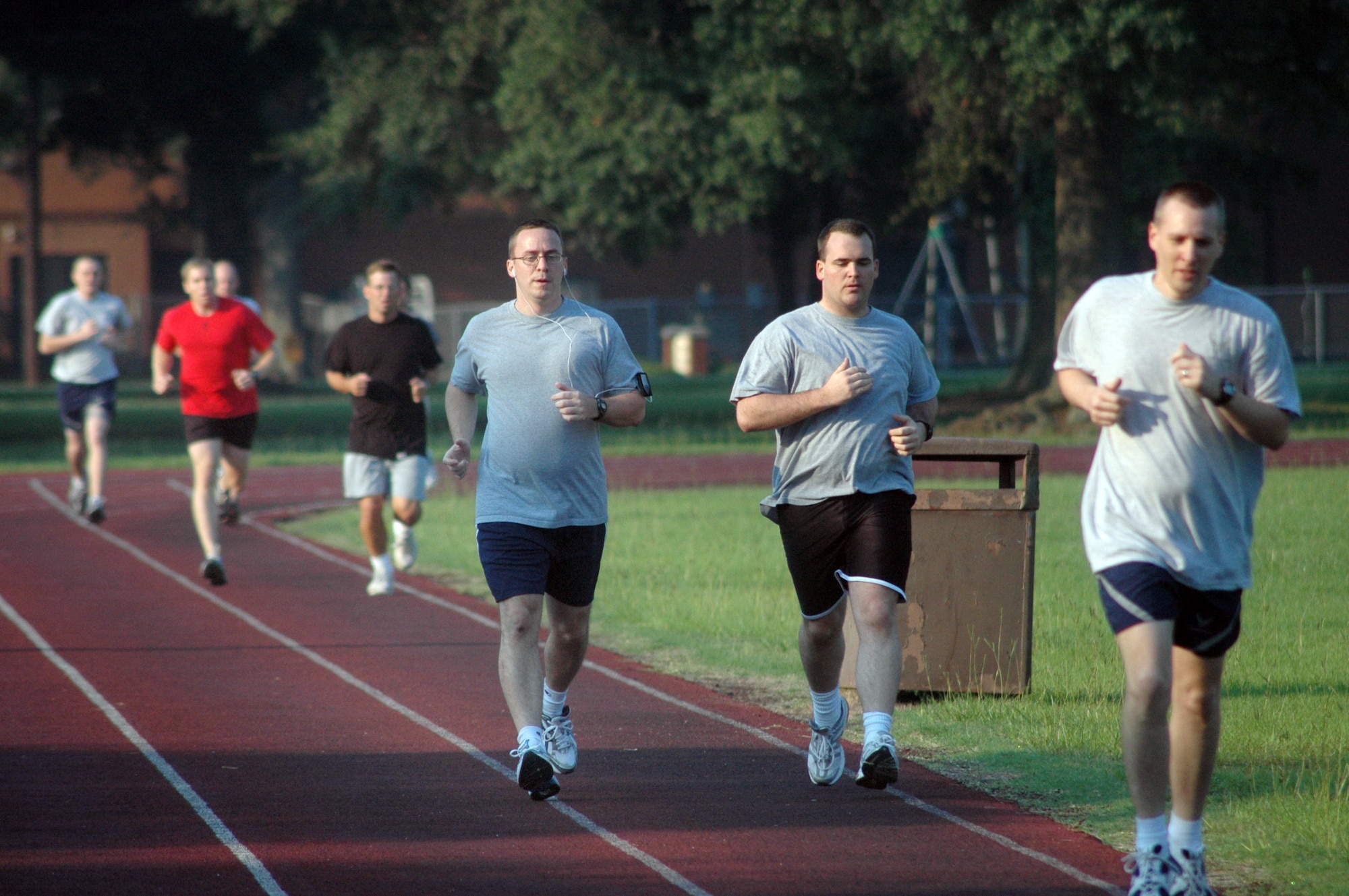 The fitness center's track is bustling in the mornings with people exercising. Airmen at Robins have reduced their Body Mass index by 16 percent since late 2007, 6 percent more than the goal set ay Air Force Materiel Command. U. S. Air Force photo by Sue Sapp
