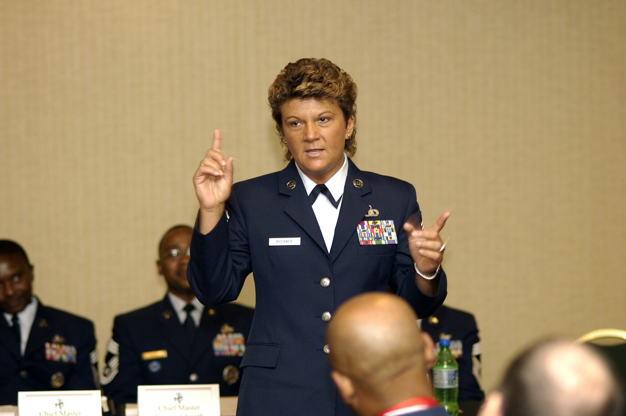 Chief Master Sgt. Kathleen Buckner, individual mobilization augmentee to the Air Force Reserve Command command chief master sergeant, speaks during the enlisted mentorship forum at the Tuskegee Airmen National Convention July 17 in Philadelphia. The mentorship forums provided servicemembers an opportunity to discuss various issues on diversity and development in the Armed Forces with senior officer and enlisted members. (U.S. Air Force photo/Kenn Mann) 
