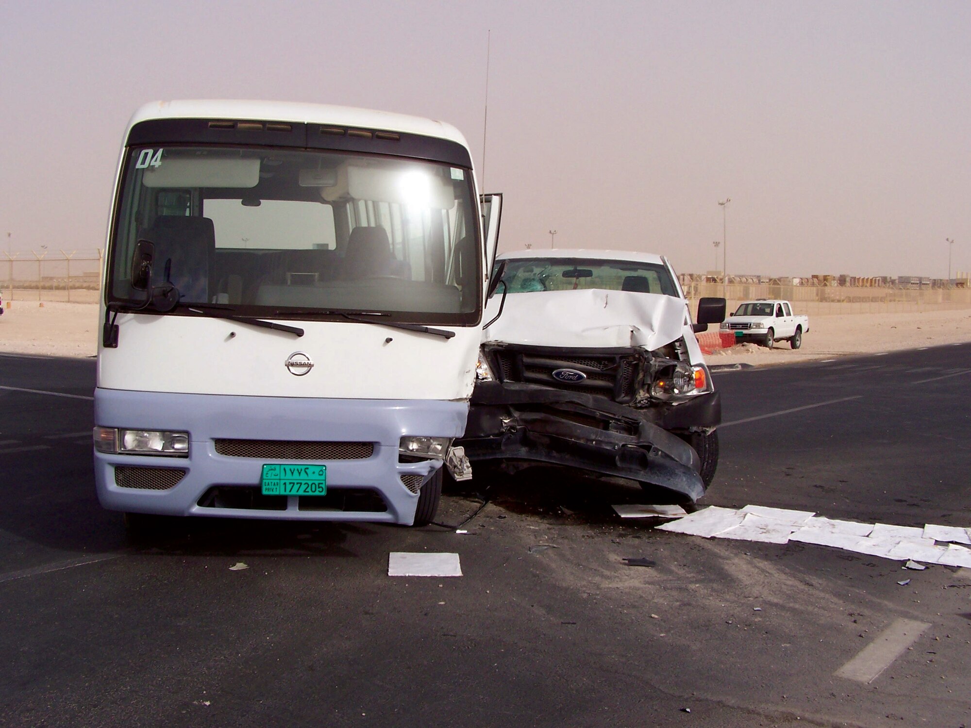 A full-sized Ford F-150 hit a shuttle bus here July 3. The truck was totaled. The accident was one of 147 since the beginning of the year, compared to 98 during the same period last year. (Courtesy Photo)