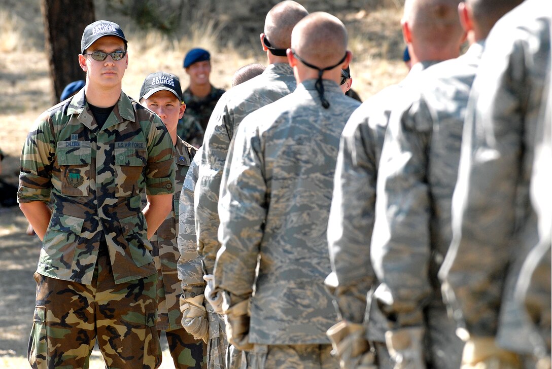 U.S. Air Force Academy Cadet 1st Class Randall Chlebek prepares basic cadets to begin the assault course during the field training portion of basic training at the academy in U.S. Air Force Academy in Colorado, July 16, 2008. 