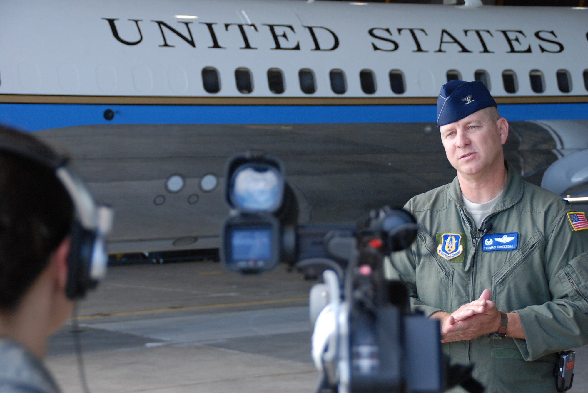 The commander of the 932nd Airlift Wing's Operations Group, Col. Thomas Kirkendall, talks about his favorite memories of 2007 during the filming of a documentary.  He talked about pride in the men and women who took on three brand new C-40C aircraft during the year, and opportunities for airmen to become flight attendants.  Photo/Maj. Stan Paregien