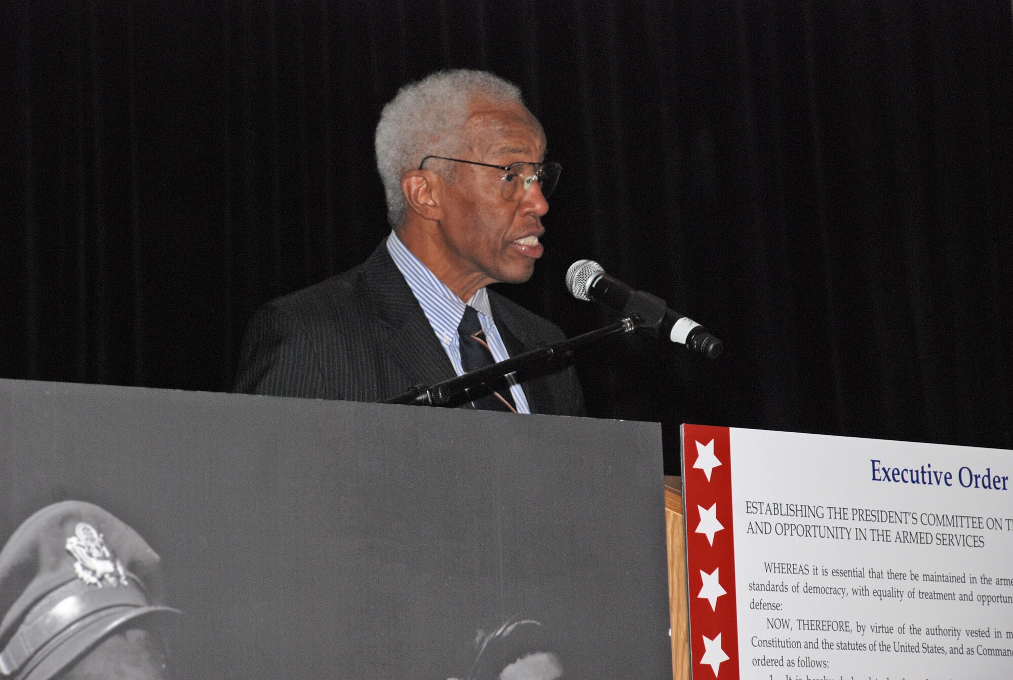 Dr. Guion Bluford speaks during the Gen. Benjamin O. Davis Jr. Awards Gala July 19 at the 37th Tuskegee Airmen National Convention in Philadelphia. Dr. Bluford urged all members of the Tuskegee Airmen to encourage young people to follow in the footsteps of the original Tuskegee Airmen. Dr. Bluford is a retired colonel and the first African American astronaut in space. (U.S. Air Force photo/Senior Airman Danielle Johnson) 
