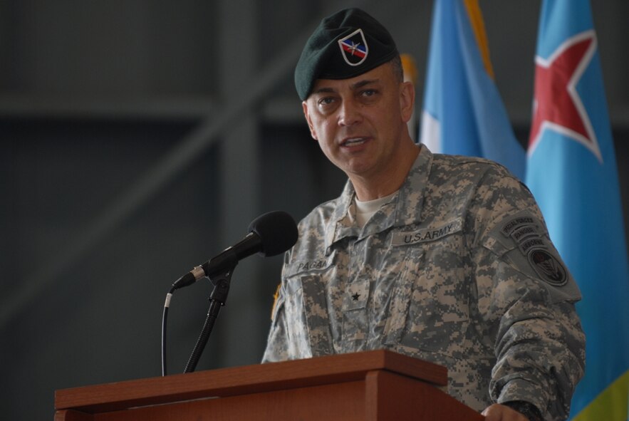 Brig. Gen. Hector E. Pagan addresses hundreds of Soldiers, Sailors, Airmen and Marines after assuming command of the U.S. Special Operations Command South during a change of command ceremony at Homestead Air Reserve Base on July 18. (U.S. Army Photo by Sgt. 1st Class Felix A. Figueroa, SOCSOUTH PAO).