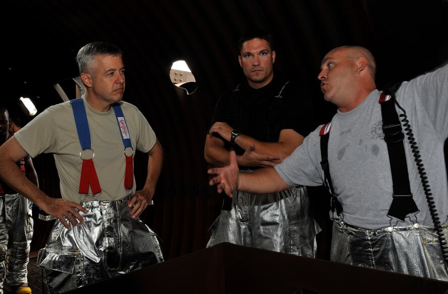MOODY AIR FORCE BASE, Ga. -- Col. Kenneth Todorov, 23rd Wing commander, listens as Staff Sgt. Kevin Henderson and David Laplante, 23rd Civil Engineer Squadron emergency services crew chiefs, explain the sequence of events and the expected outcome during a live-fire training exercise here July 15. Crew familiarization with the training facility is required prior to beginning a training exercise. (U.S. Air Force photo by Senior Airman Schelli Jones) 
