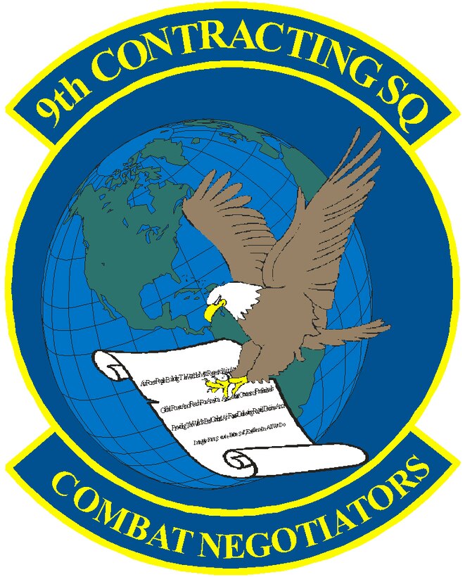 The 9th Contracting Squadron patch. In accordance with Chapter 3 of AFI 84-105, commercial reproduction of this emblem is NOT permitted without the permission of the proponent organizational/unit commander. 