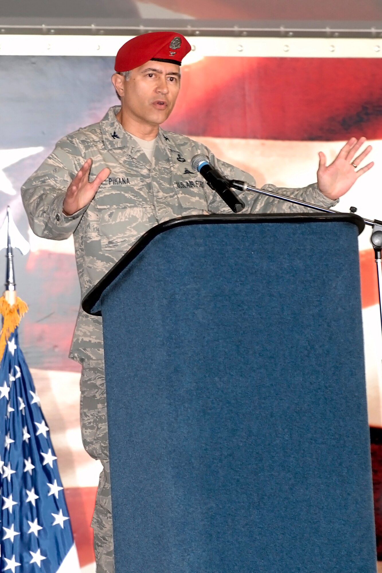 Col. Patrick Pihana, 18th Air Support Operations Group Commander, speaks to his squadron during a change of command ceremony. (U.S. Air Force Photo by Mike Murchison)