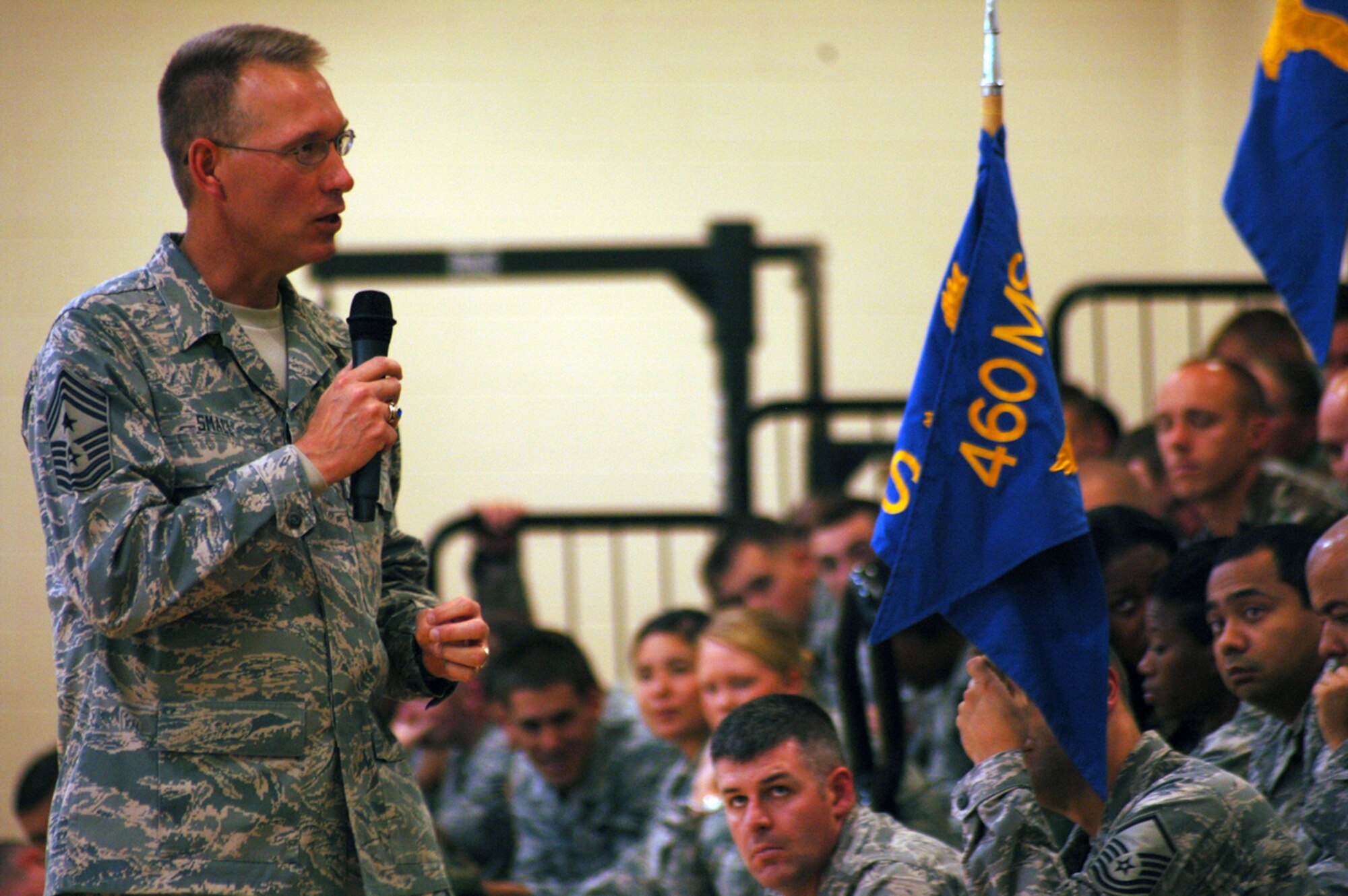 BUCKLEY AIR FORCE BASE, Colo. -- Chief Master Sgt. Todd Small, command chief of Air Force Space Command, toured the base July 18 followed by an enlisted call at the fitness center to discuss issues that impact the enlisted corps. He went over topics like quality of life, leadership, Air Force leadership resignations and noncommissioned officer duties. (U.S. Air Force photo by Staff Sgt. Scott McNabb)