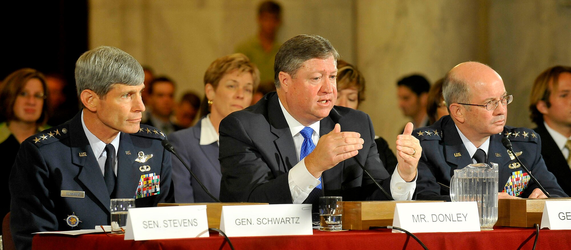 Michael B. Donley, center, with Gen. Norton A. Schwartz (left) and Gen. Duncan J. McNabb, testifies July 22 before the Senate Armed Services Committee during hearings to examine their nominations for three key posts. Mr. Donley is being reviewed for secretary of the Air Force, General Schwartz for chief of staff and General McNabb for commander of U.S. Transportation Command.  (U.S. Air Force photo/Scott M. Ash)
