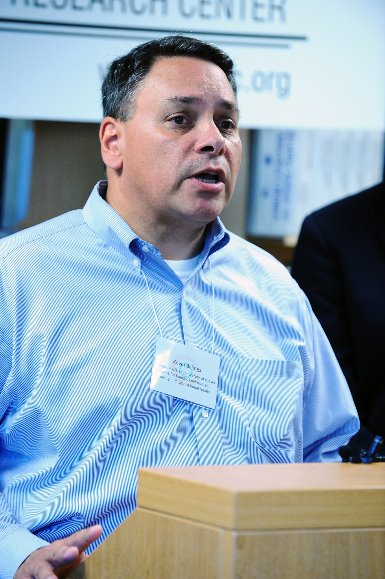 Deputy Assistant Secretary of the Air Force for Energy, Enviroment, Safety and Occupational Health, Kevin Billings, briefs an audience about the Air Force commitment to certify the entire Air Force fleet to fly on synthetic and JP-8 fuel blend during the press meeting July 18, 2008, in Fairbanks, Alaska. One of the proposed locations of construction of this facility is at Eielson Air Force Base in efforts to utilize the 50/50 synthetic and JP-8 fuel blend on aircraft and ground vehicles. (U.S. Air Force photo by Airman 1st Class Jonathan Snyder)