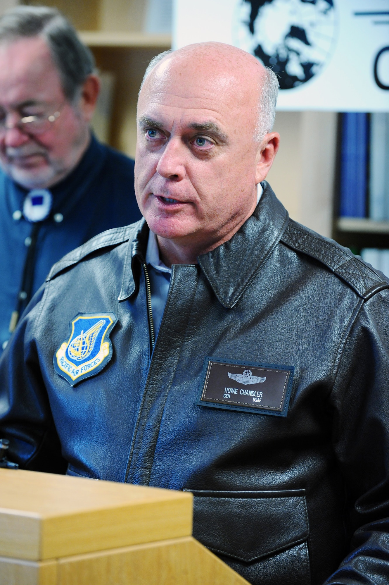 Gen. Carrol H. Chandler, Pacific Air Forces commander, attended an Interior of Alaska Strategic Energy Summit and during the press conference he talks about the Air Forces interest of conservation and new ideas July 18, 2008, in Fairbanks, Alaska. One of the proposed locations of construction of this facility is at Eielson Air Force Base in efforts to utilize the 50/50 synthetic and JP-8 fuel blend on aircraft and ground vehicles. (U.S. Air Force photo by Airman 1st Class Jonathan Snyder)