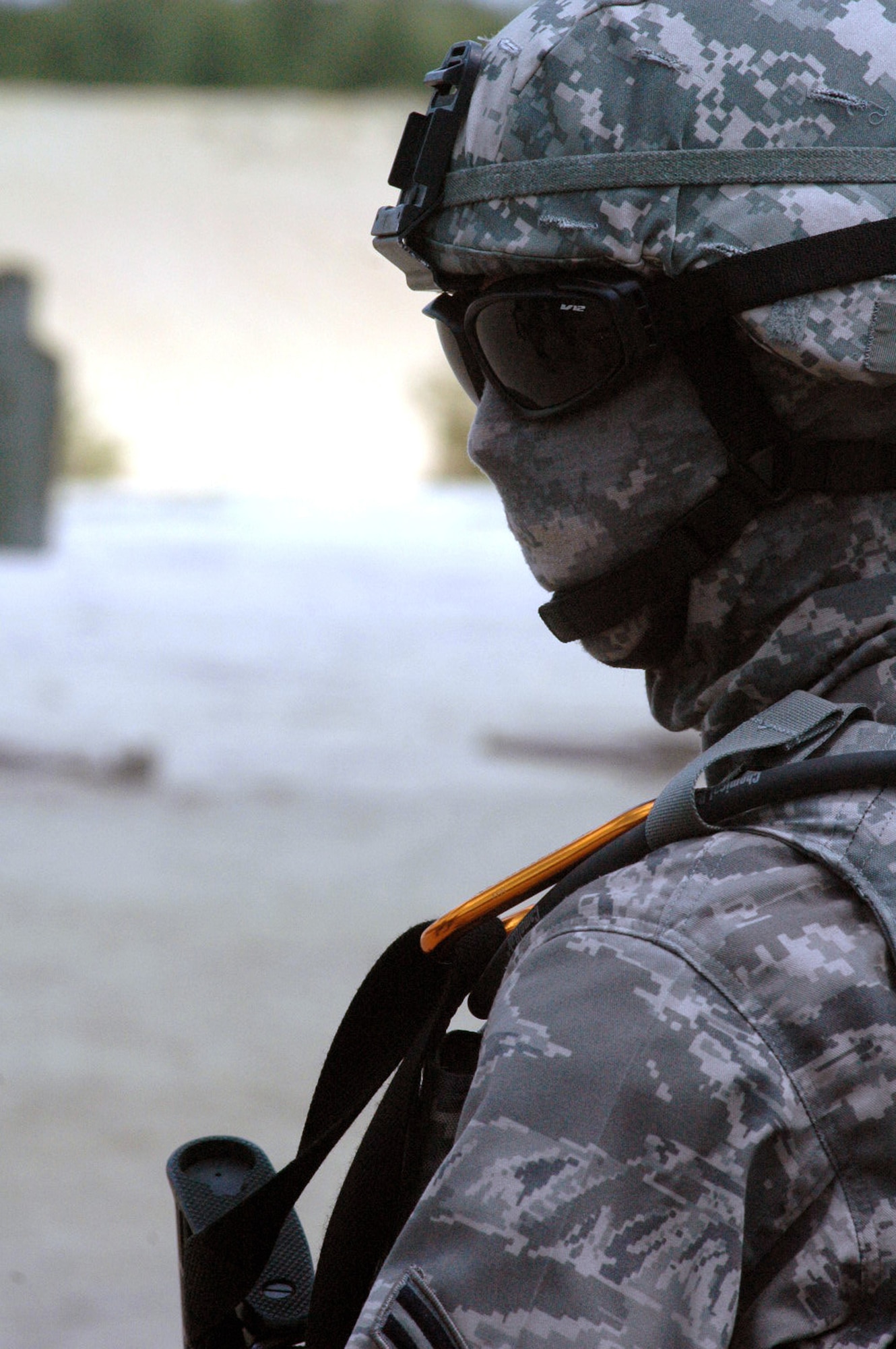 A student in the Air Force Phoenix Warrior Training Course is fully covered in digital camouflage during training on a Fort Dix, N.J., range June 20, 2008.  Phoenix Warrior is taught by the U.S. Air Force Expeditionary Center's Expeditionary Operations School and 421st Combat Training Squadron on Fort Dix, N.J.  (U.S. Air Force Photo/Tech. Sgt. Scott T. Sturkol)