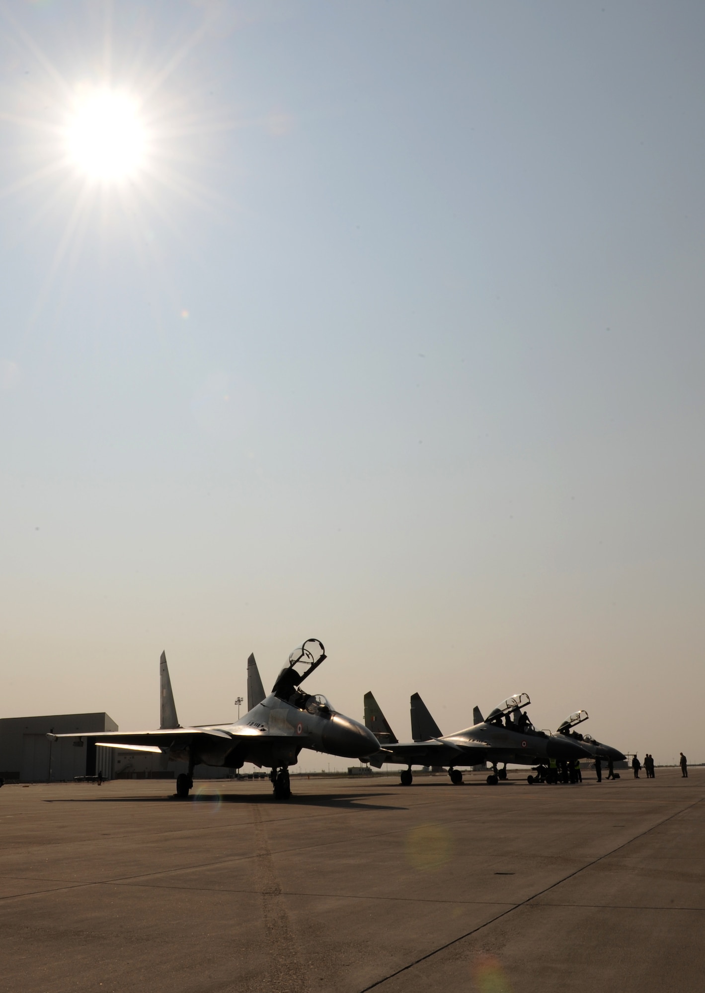 MOUNTAIN HOME AIR FORCE BASE, Idaho -- Three Indian air force SU-30K jets sit on the ramp July 17 after arriving to train with Mountain Home Air Force Base Airmen before participating in Exercise Red Flag at Nellis AFB, Nev., which begins Aug. 9. This is the first time in history the Indian air force has been on American soil to train with U.S. fighters. They will be taking advantage of Mountain Home's vast air space and multiple ranges to better prepare their aircrews for future flying missions. (U.S. Air Force photo/ Airman 1st Class Stephany Miller)
