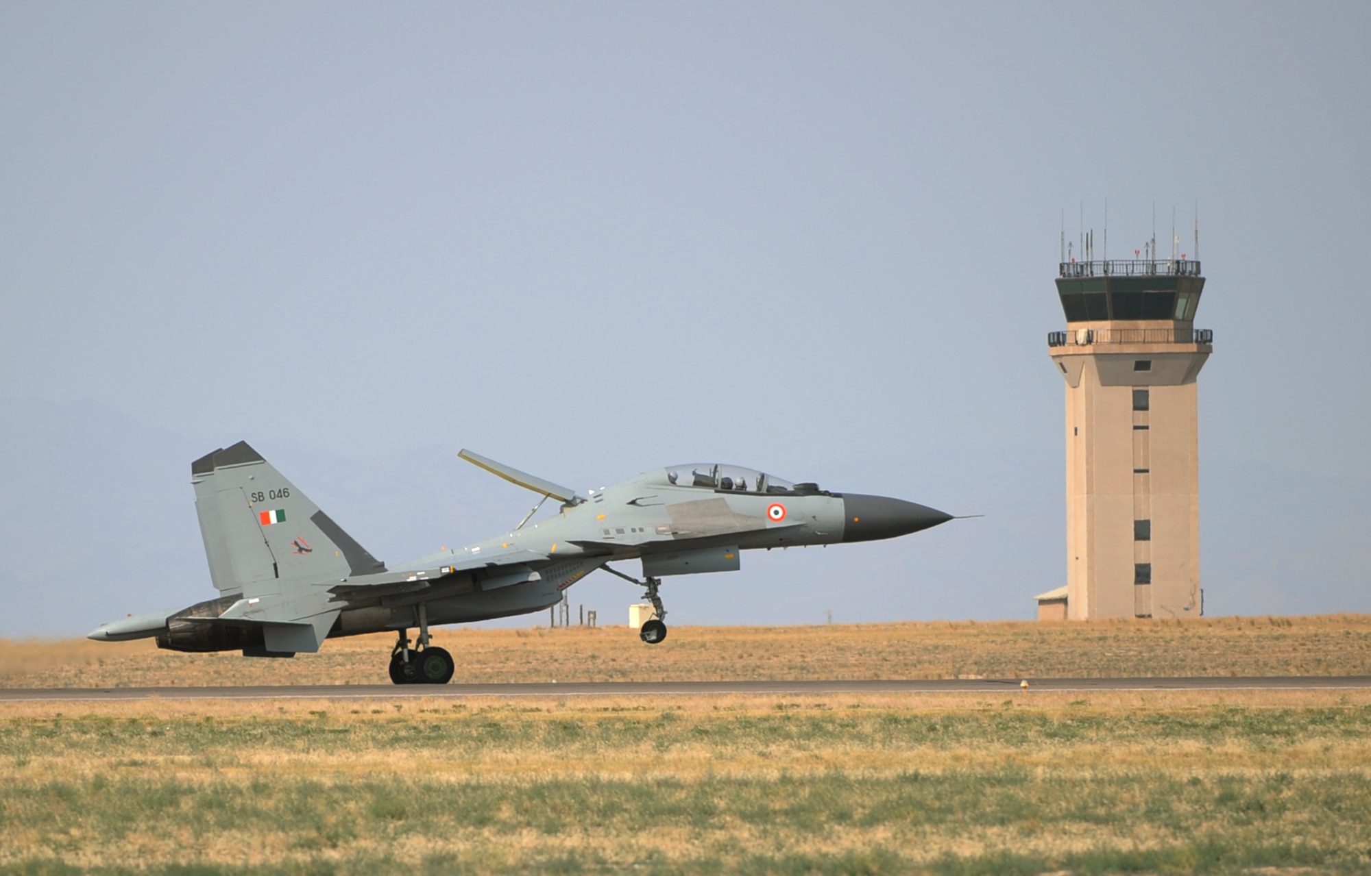 MOUNTAIN HOME AIR FORCE BASE, Idaho -- An Indian air force SU-30K jet touches down at Mountain Home Air Force Base, along with seven others, July 17 to train with Mountain Home Air Force Base Airmen before participating in Exercise Red Flag at Nellis AFB, Nev., which begins Aug. 9. This is the first time in history the Indian air force has been on American soil to train with U.S. fighters. They will be taking advantage of Mountain Home's vast air space and multiple ranges to better prepare their aircrews for future flying missions. (U.S. Air Force photo/ Airman 1st Class Ryan Crane)