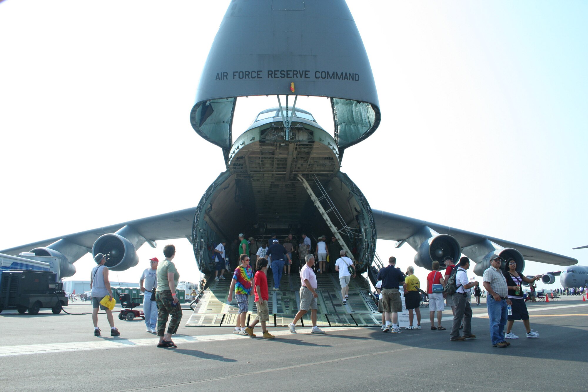 WRIGHT-PATTERSON AFB, Ohio - The 445th Airlift Wing's massive C-5 was the center of attention at the Dayton Airshow. The C-5 is the largest aircraft in the Air Force inventory and is always a crowd pleaser as people can enter at the nose and walk through the aircraft and exit at the tail. In addition to the C-5 static display, the 445th Airlift Wing provided a C-5 flyover on Sunday, July 20, 2008.  (U.S. Air Force photo/Senior Airman Ken LaRock)