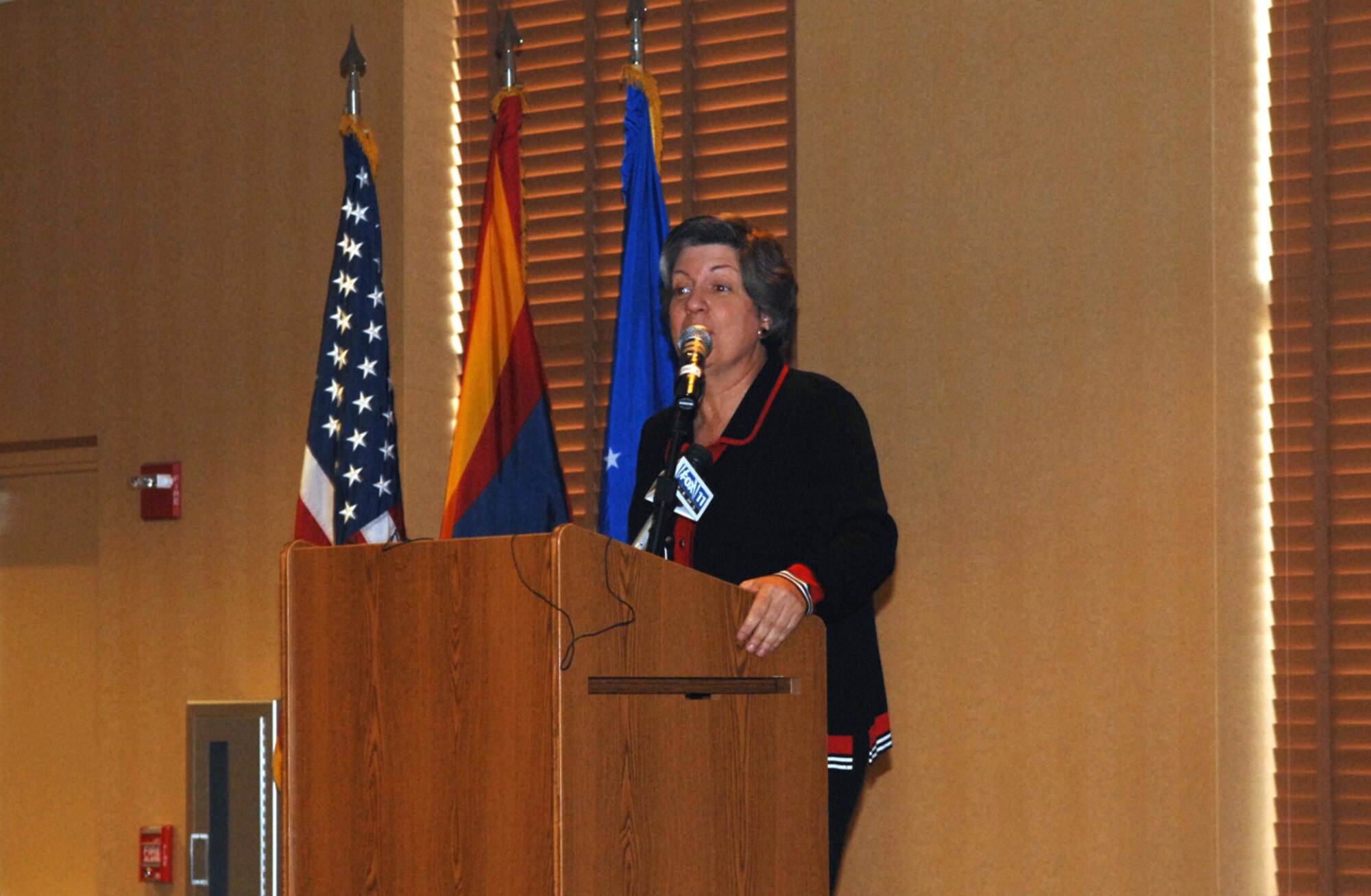 Governor Janet Napolitano releases the results of a new study from The Maguire Company on the economic significance of the state's military installations at the Mirage Officer's Club here July 21. (U.S. Air Force photo by Airman 1st Class Jamie L. Coggan)