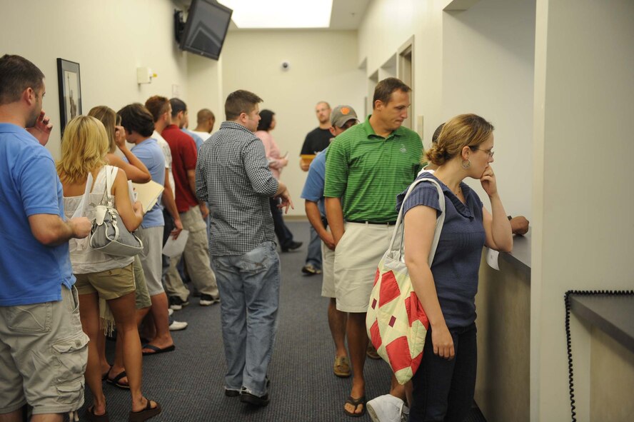 SHAW AIR FORCE BASE, S.C. -- Members of the Inactive Ready Reserve process in and receive paper work needed for the IRR Muster July 19. An IRR Muster is a medical screening for all former active duty members now on IRR status and also provides them with a chance to talk with an Air Force Reserve recruiter and get a military ID card if necessary. (U.S. Air Force Photo/Staff Sgt. Henry Hoegen)