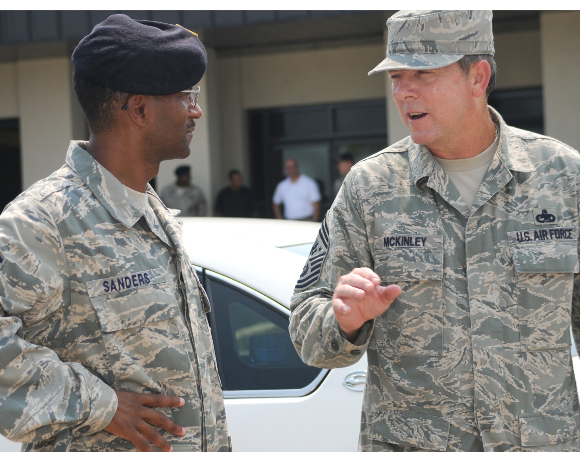 Chief Sanders, left, visits with Chief Master Sgt. of the Air Force Rodney McKinley during a June 17 visit to Keesler.  (U.S. Air Force photo by Kemberly Groue)