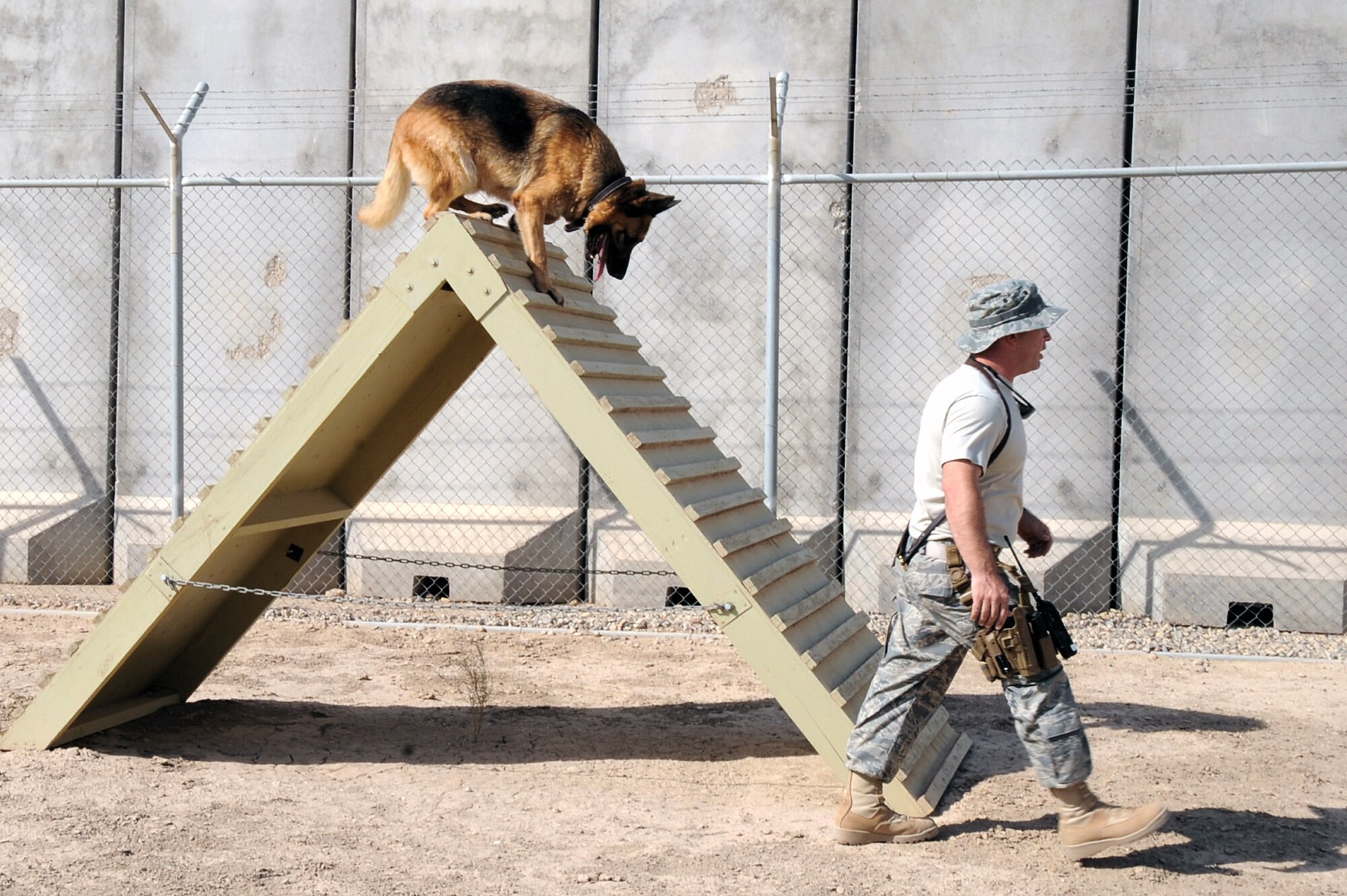 Staff Sgt. Sean Neisen runs an obstacle course on base with his dog, Goro E114, July 7 at Ali Base, Iraq. Dog handlers keep their partners in shape to ensure they are ready for vehicle searches that drive onto Contingency Operations Base Adder and Ali Base daily. Sergeant Neisen is a military working dog handler assigned to the 407th Provost Marshals Office from Ramstein Air Base, Germany. (U.S. Air Force photo/Tech. Sgt. Sabrina Johnson) 
