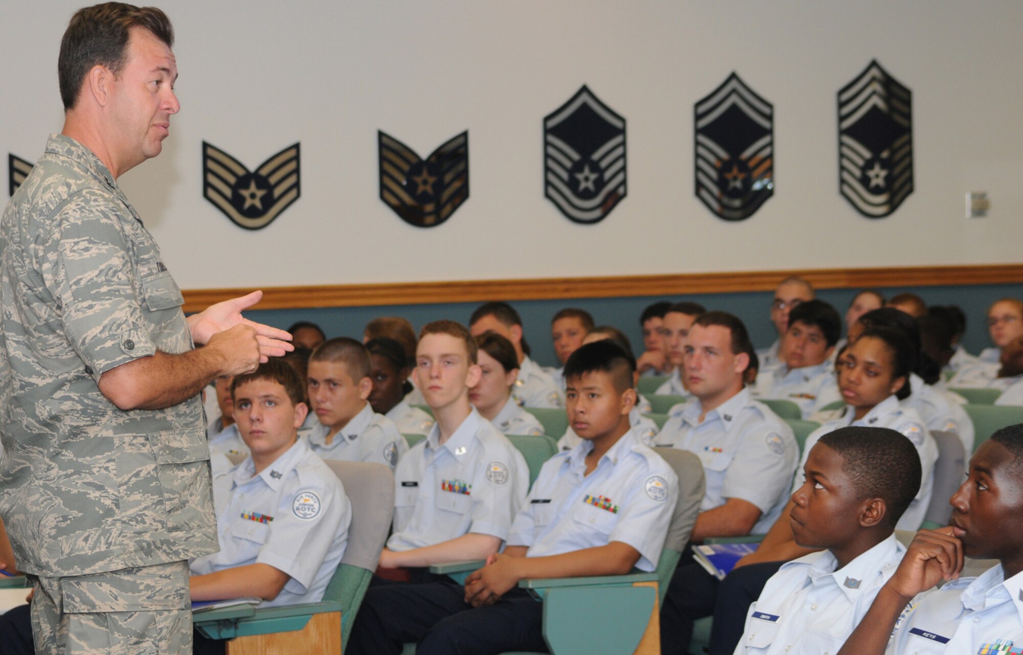 Col. Greg Touhill, 81st Training Wing commander, welcomes the 140 Junior ROTC cadets to Keesler July 14.  The students lived in dorms and ate in dining facilities.  The week’s activities included physical training, drill evaluations, team-building exercises, speeches by students, a parade and classes on core values, ethics, time management, motivation, goal setting and other topics.  (U.S. Air Force photo by Kemberly Groue)