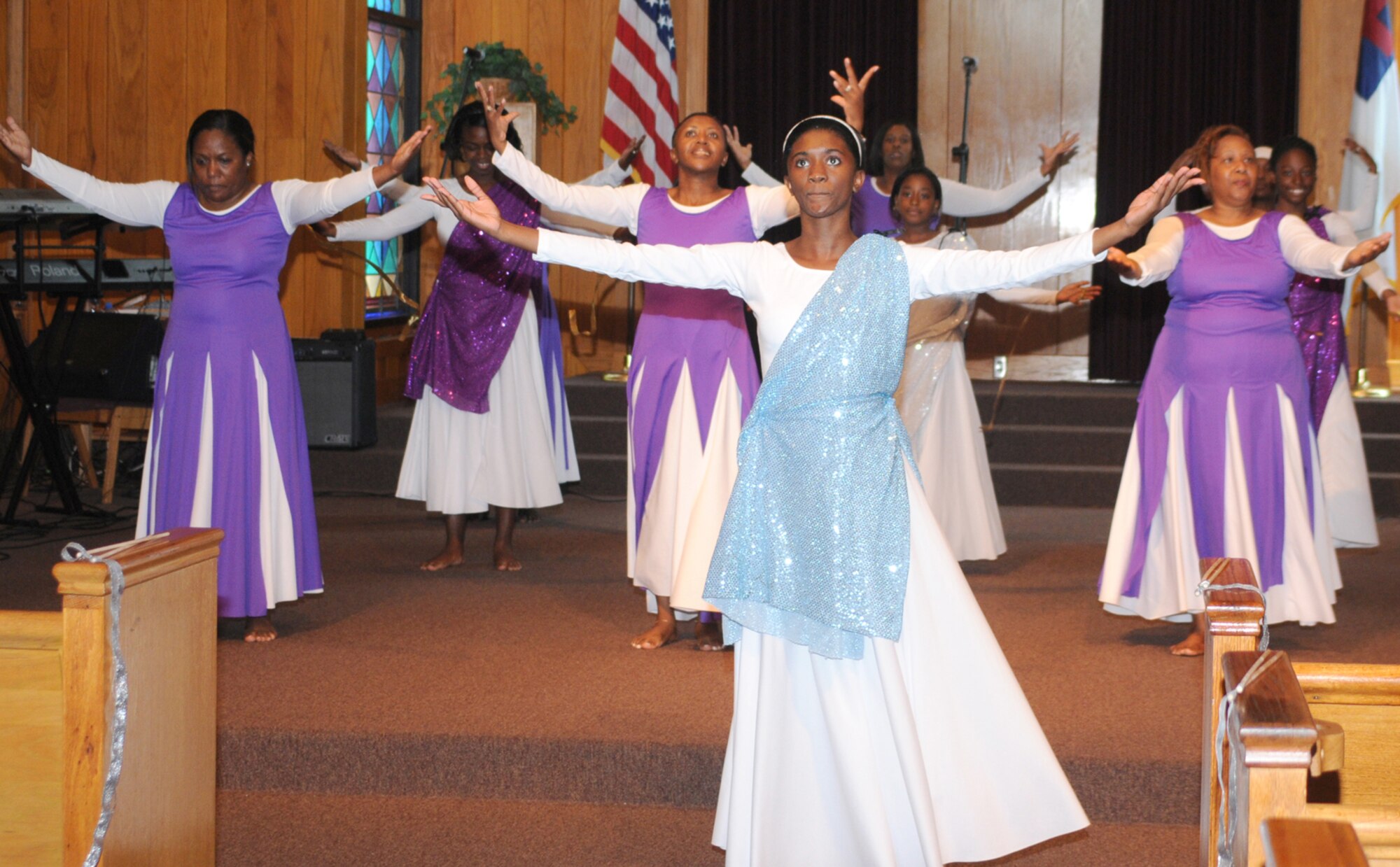 Liturgical dancers perform at Sunday’s service.  The 37th anniversary celebration of Keesler’s gospel service also included a Caribbean praise fest July 17 and morning prayer on the Biloxi beach Saturday.  Anniversary team leaders were Joyce Moore, Benetta Thomas, Carla Heard and Cheryl Ellis.  (U.S. Air Force photo by Kemberly Groue)