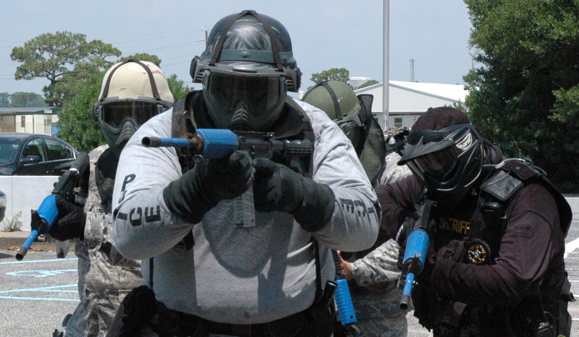 EGLIN AIR FORCE BASE, Fla. -- Cpl. Steve Hull, Fort Walton Beach Police Department, leads an Active Shooter response team during the Active Shooter Instructor Training Course held at Bldg. 591. (U.S. Air Force photo/Staff Sgt. Stacia Zachary)