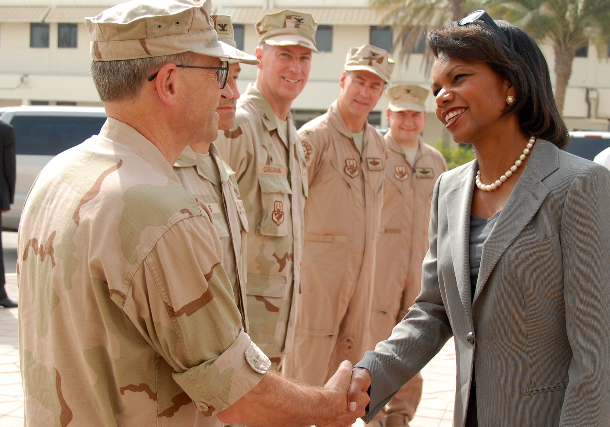 Col. Timothy L. Pendegrass, 380th Expeditionary Medical Group Commander visits with Secretary of State Condoleezza Rice during her recent stop here. (U.S. Air Force photo/Tech. Sgt. Christopher A Campbell)