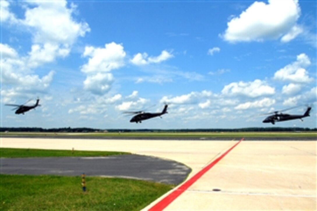 Participants of Patriot 2008 take off in UH-60 Black Hawk helicopters during an incentive flight on Volk Field, Wis., July 19, 2008. Patriot is a joint, multinational exercise involving the National Guard, the reserve and active components of the Air Force and Army, and international forces.