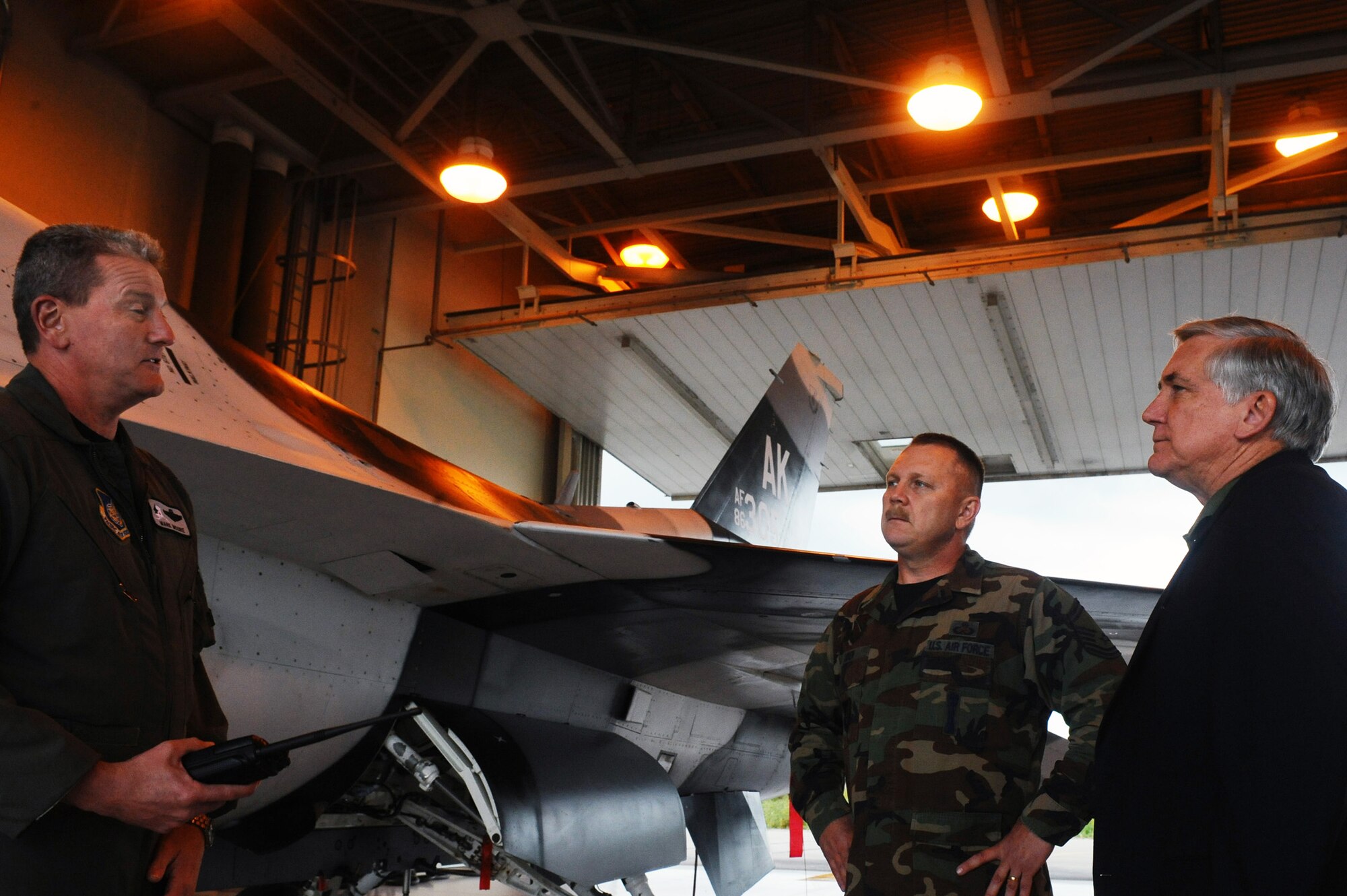 Col. Mark Moore, Operations Group commander, briefs Mr. Robert Largent, chairman of the board Air Force Association, about the 18th Aggressor Squadron's mission  July 17, 2008 at Eielson Air Force Base, Alaska. (U.S. Air Force photo by Airman 1st Class Jonathan Snyder) (Released)