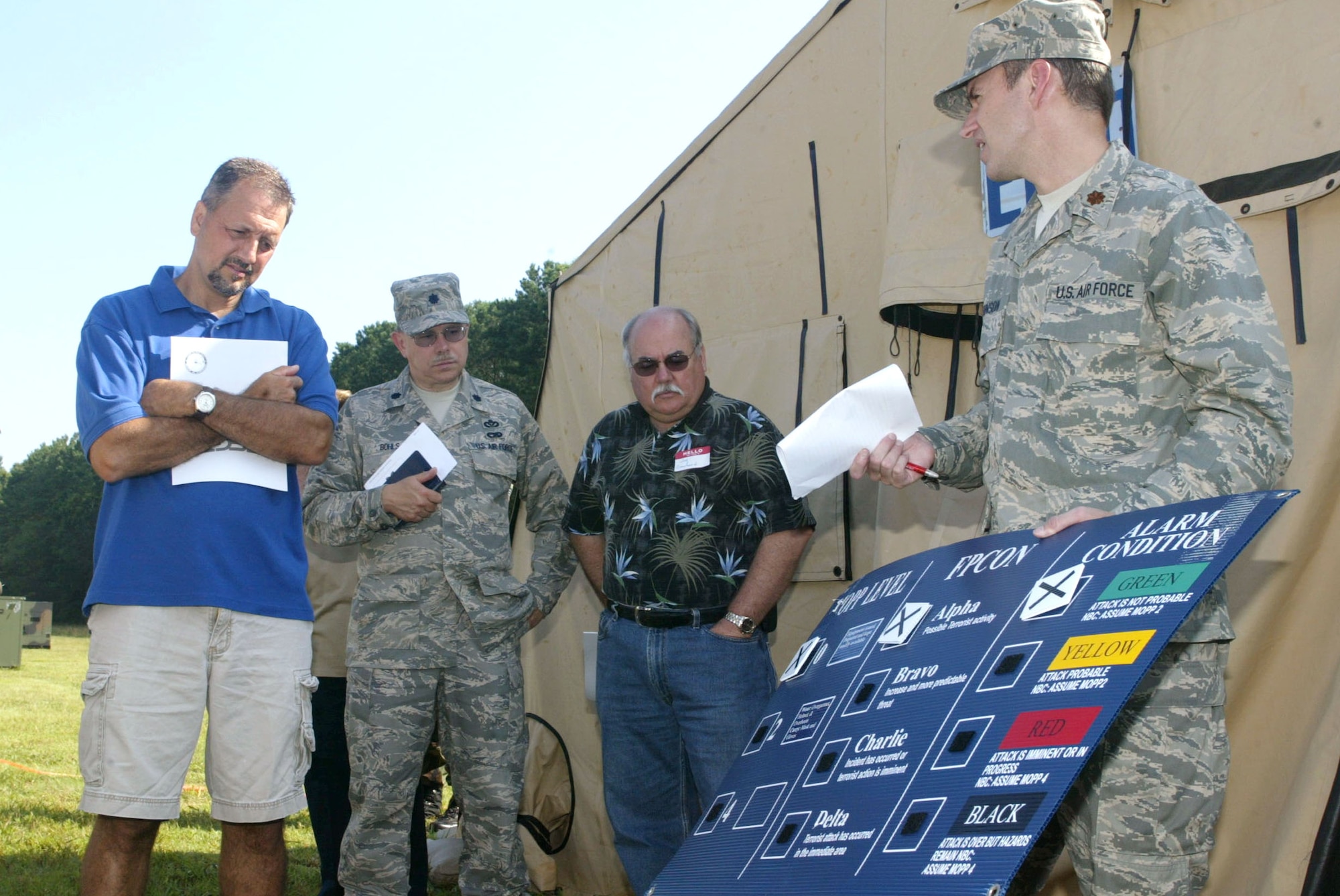 Major Timothy Johnson, 94th Public Affairs, explains alarm condition procedures during mock deployments to a group of employers and their reservists at "Tent City" near the end of runway. More than 25 employers attended the 2008 Employer's Day at Dobbins Air Reserve Base July 12.  