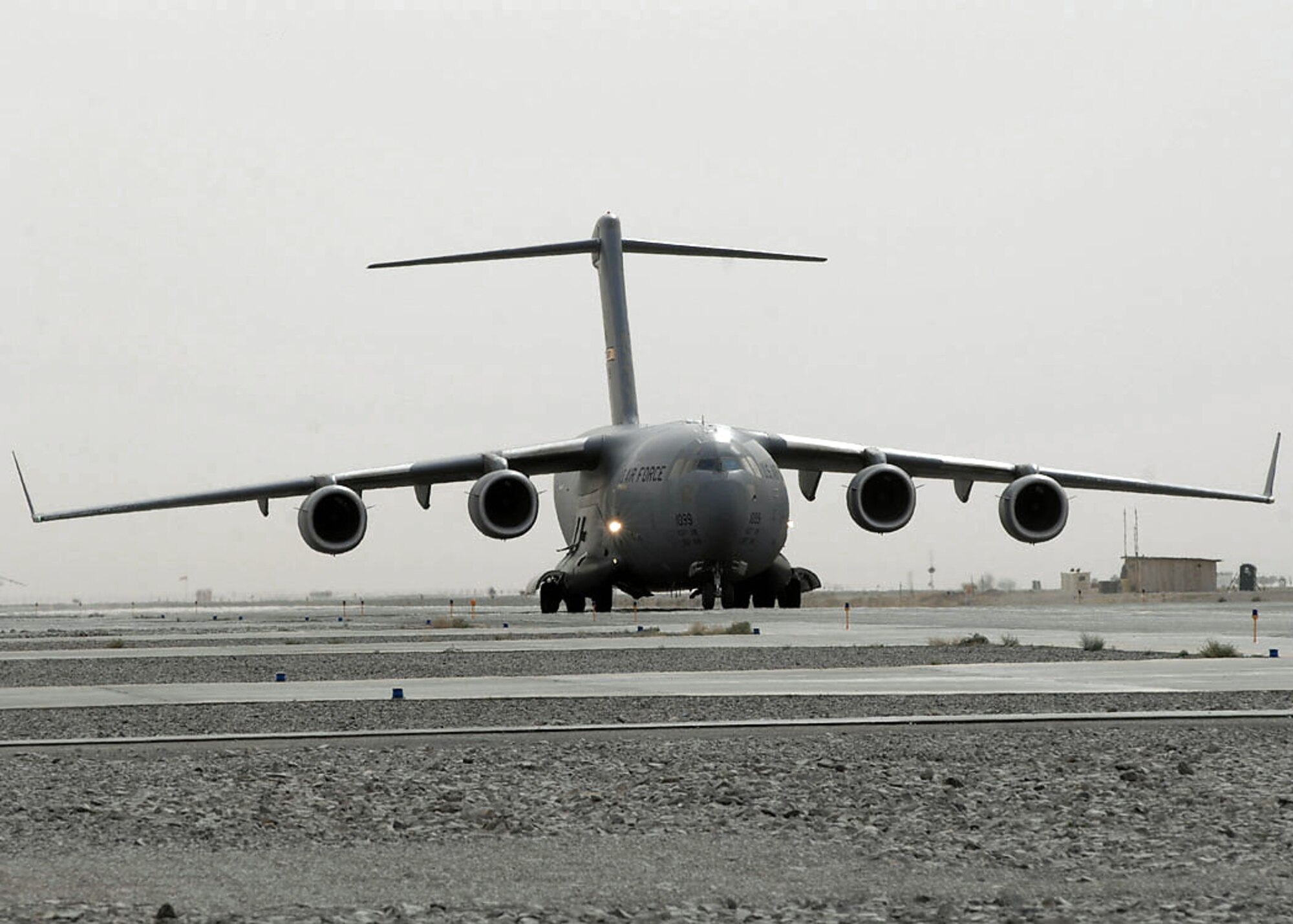 A C-17 Globemaster III prepares to take off on a mission in support of Operation Enduring Freedom. (U.S. Air Force/Master Sgt. Demetrius Lester) 
