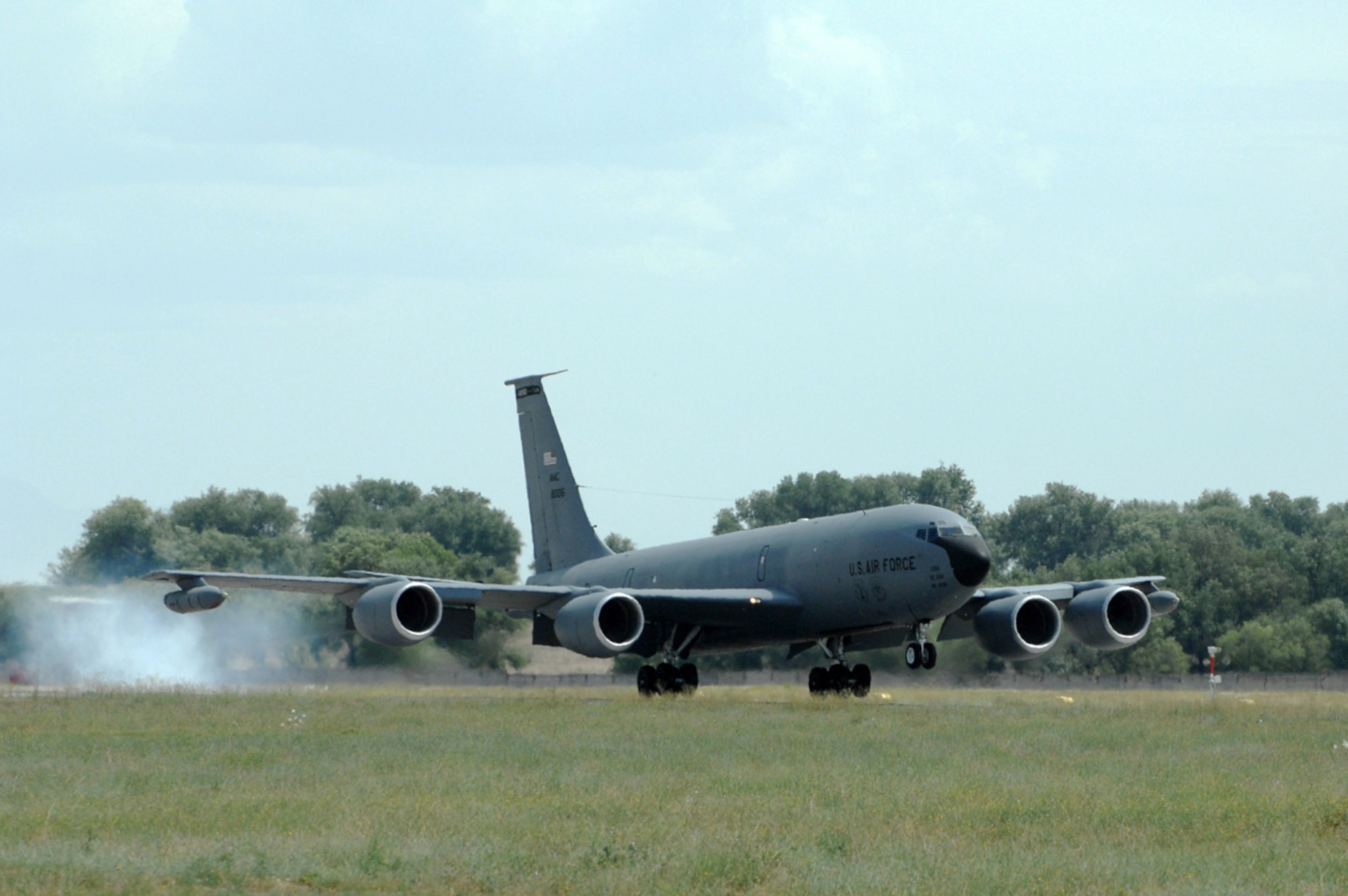 MANAS AIR BASE, Kyrgyz Republic -- A KC-135 Stratotanker assigned to the 376th Air Expeditionary Wing touches down here following a refueling mission in support of operations in Afghanistan. Maintainers, aircrew and support personnel from the wing helped Manas bust through the million pound mark July 17, when its KC-135 fleet offloaded 1.01 million pounds of fuel to an array of aircraft supporting combat operations in Afghanistan. (U.S. Air Force photo / Tech. Sgt. Michael Voss)