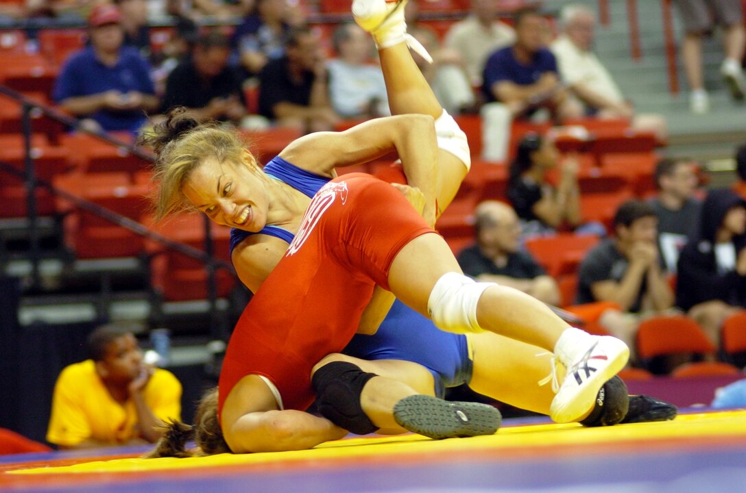 U.S. Army World Class Athlete Program member 1st Lt. Leigh Jaynes wrestles Sunkist Kids' Tatiana Padilla in the women's 55-kilogram freestyle semifinals of the 2008 U.S. Olympic Team wrestling trials June 13, 2008, in Las Vegas. U.S. Army photo by Tim Hipps, Family and Morale, Welfare and Recreation Command