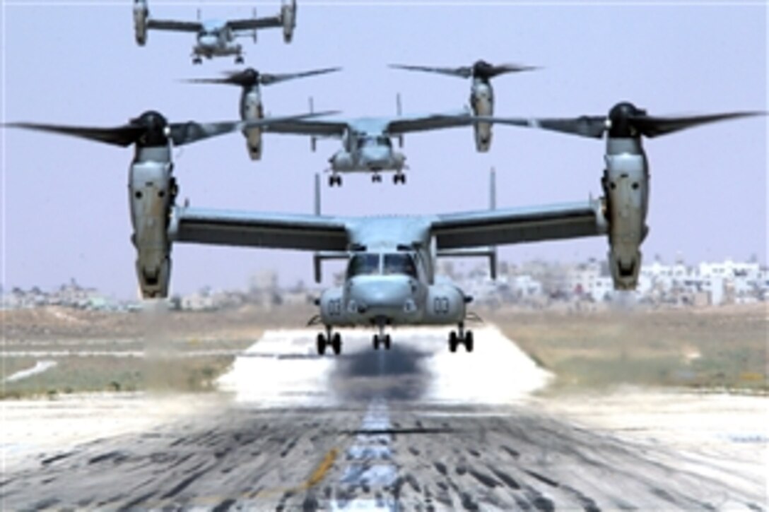 MV-22 Ospreys with Marine Medium Tiltrotor Squadron 162, 3rd Marine Aircraft Wing, land in Amman, Jordan, July 22, 2008. The aircraft were carrying U.S. officials visiting the nation.

