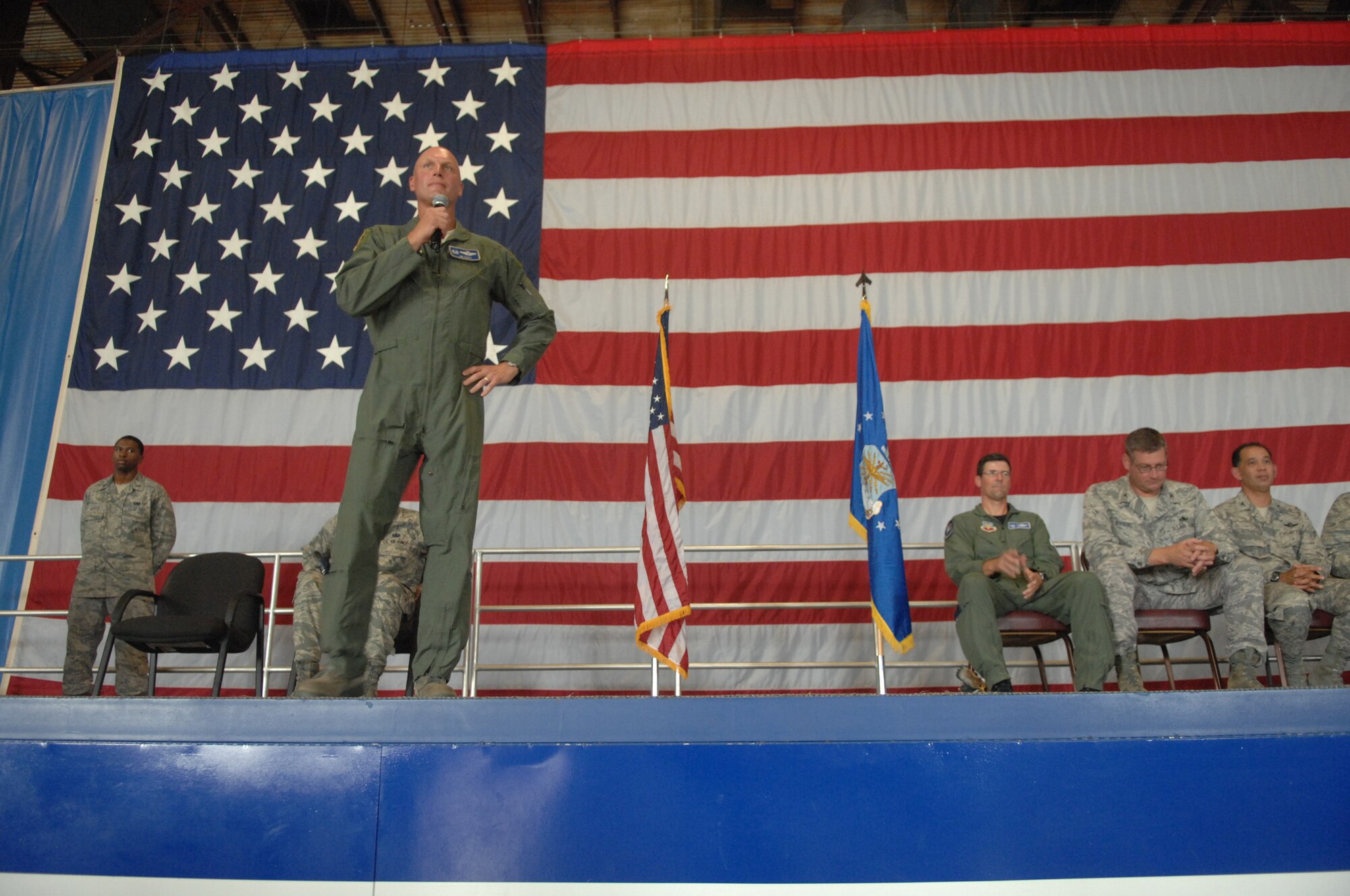 SHAW AIR FORCE BASE, S.C. -- Col. James Post, 20th Fighter Wing commander, provides an ending speech during the Team Shaw quarterly awards ceremony July 23. The ceremony is a way for supervisors and leaders to improve morale and recognize some of our most deserving individuals. (U.S. Air Force photo/Staff Sgt. Nathan Bevier)
